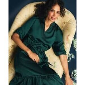 Draper James XL Martina‎ Midi Dress Hammered Satin Emerald Green